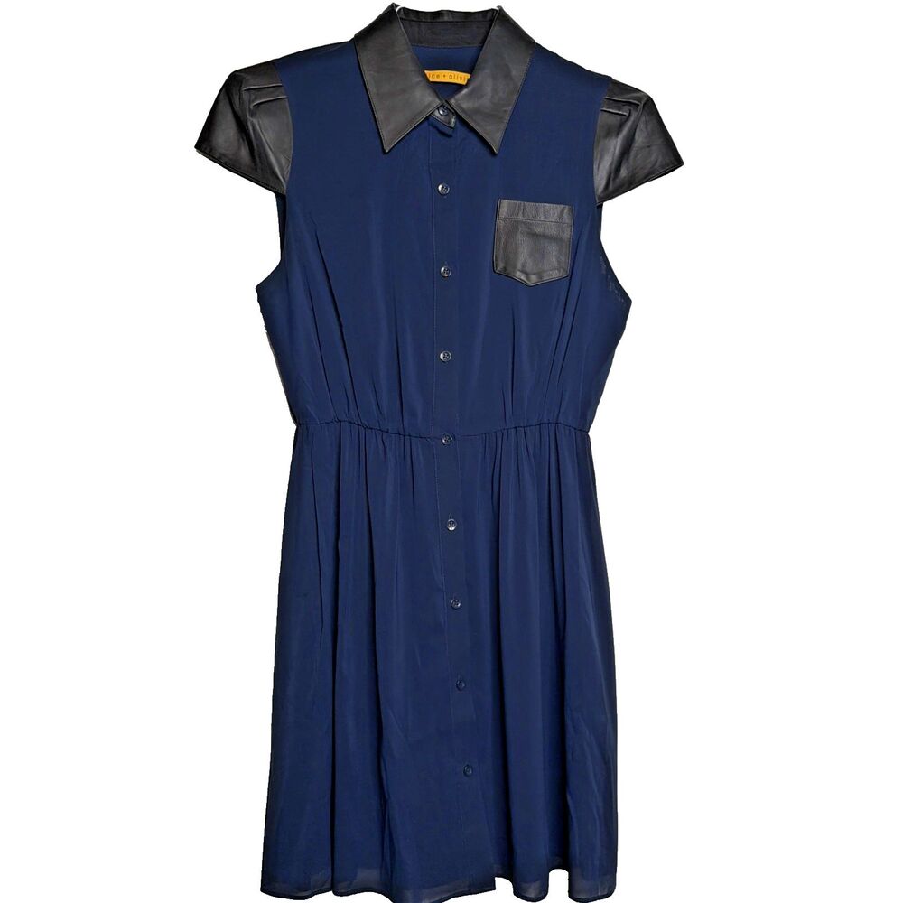 Alice + Olivia Silk Kendale Leather Cap Sleeve Silk Shirt Dress S Edgy Career